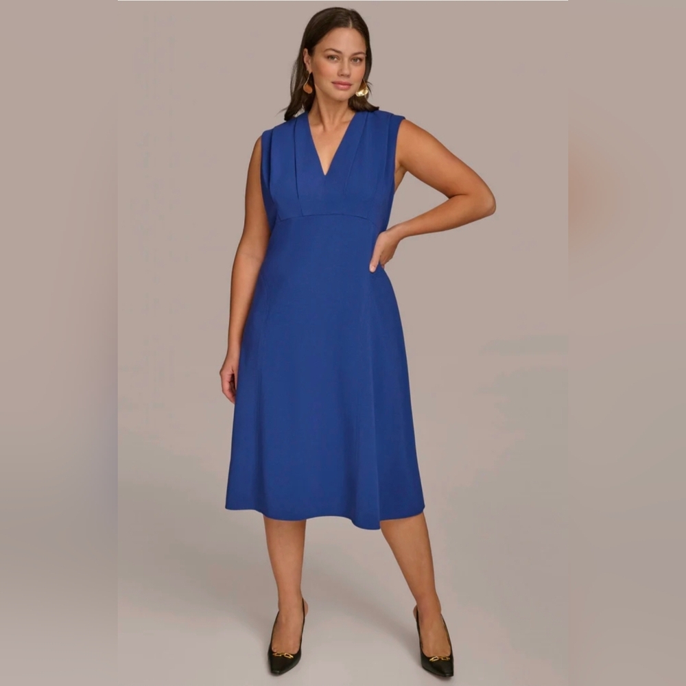 Donna Karan Royal Blue V-Neck Sleeveless Midi Dress